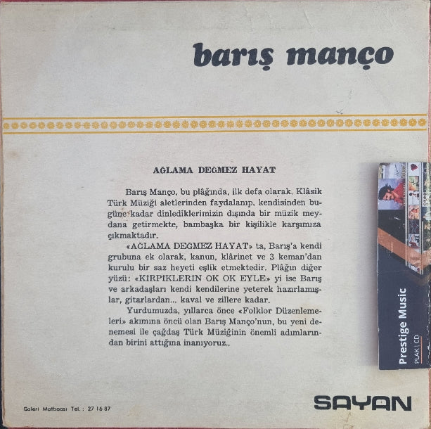 Barış Manço | Ağlama Değmez Hayat Bu Göz Yaşlarına | Kirpiklerin Ok Ok | Plak | 45'lik | Schallplatte | LP