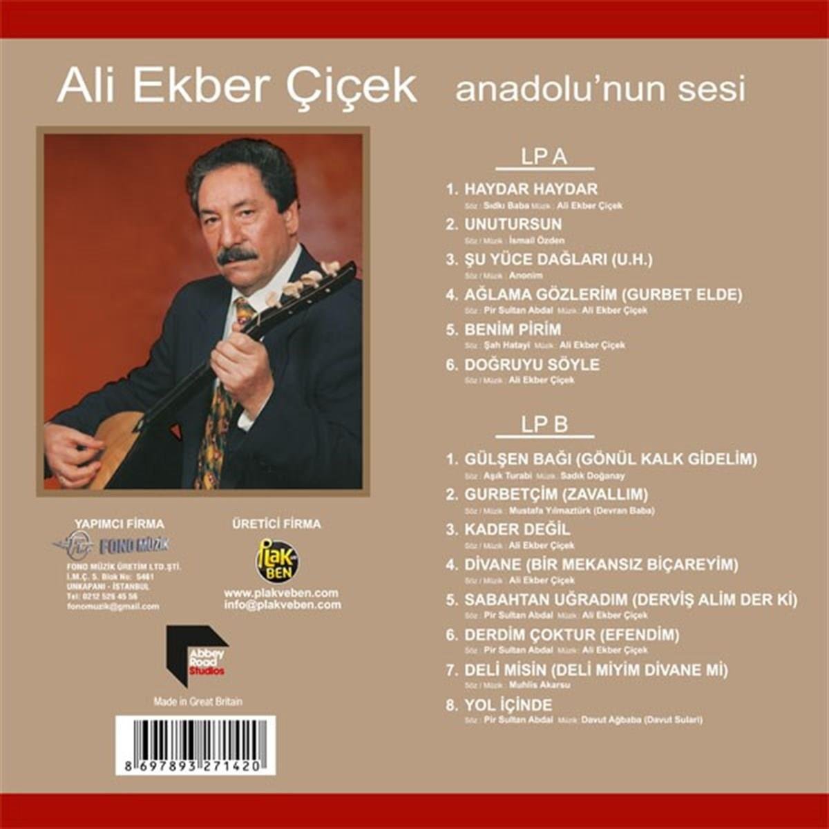 ALİ EKBER ÇİÇEK -ANADOLU "UN SESI / HAYDAR HAYDAR PLAK /SCHALLPATEN /VINLY -haydar haydar Ali Ekber çiçek anadolu nun sesi