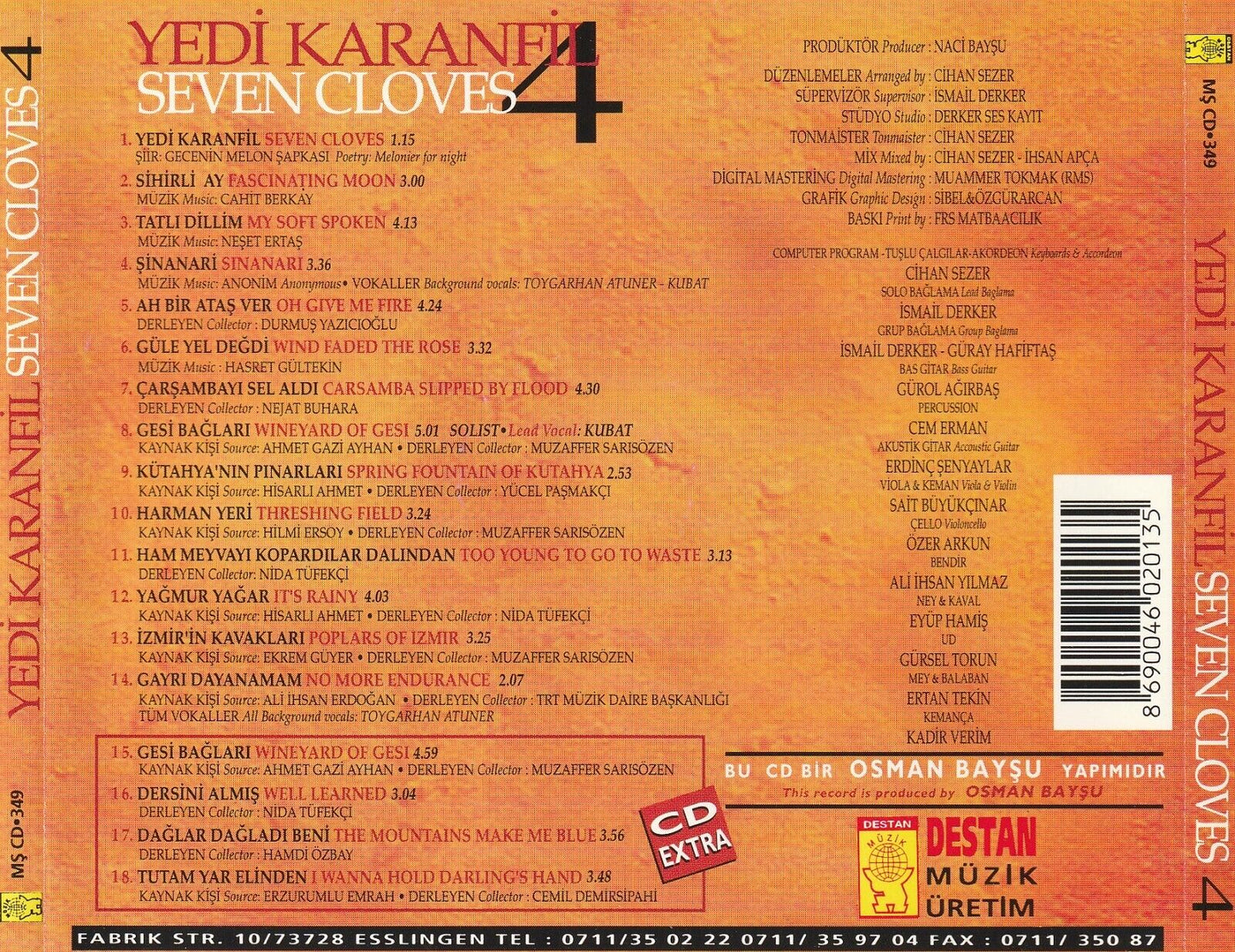 Yedi Karanfil 4 Seven Cloves (Destan - Müzik)Türkisch Folk Instrumental Musik CD